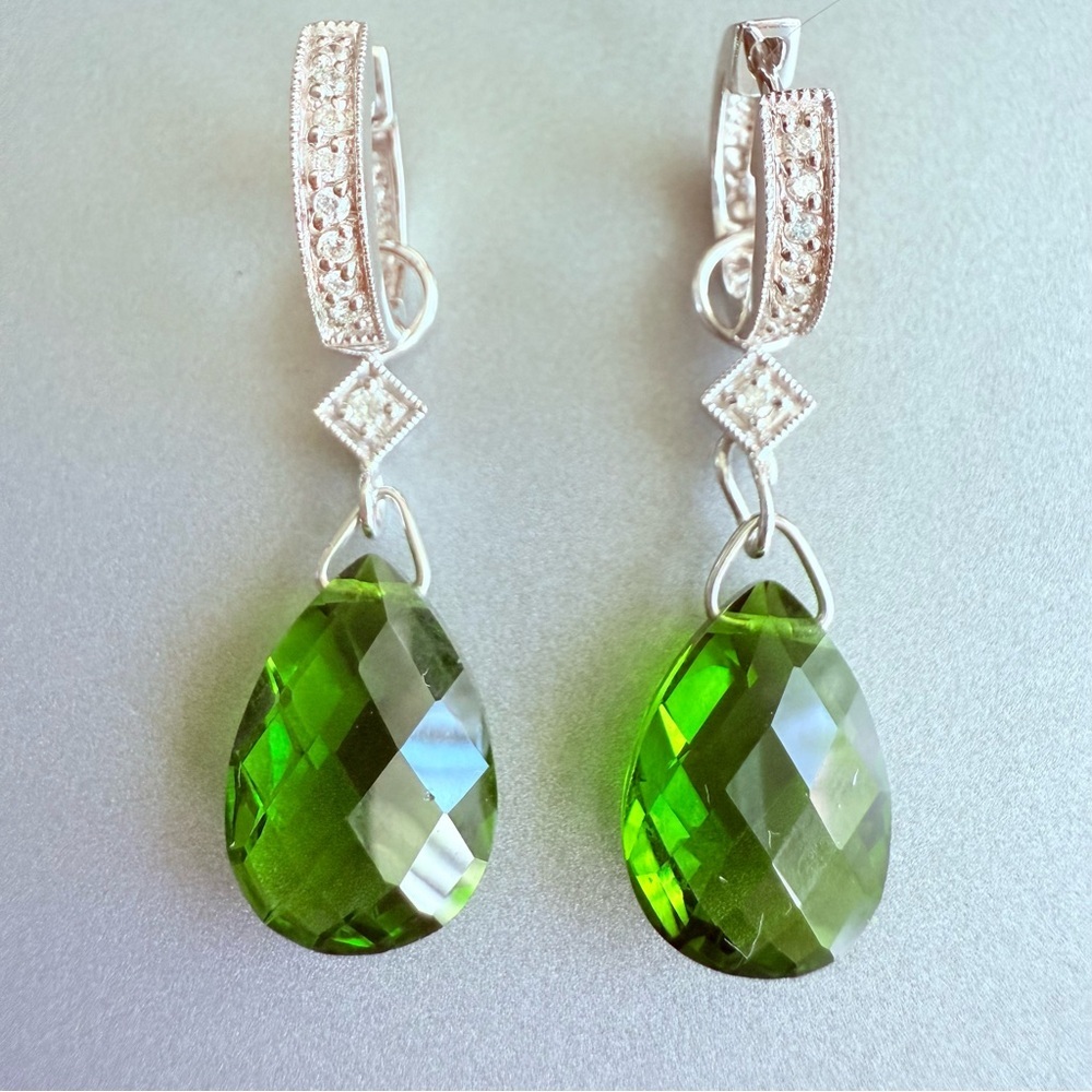 14k White Gold Diamonds & Green Crystals Interchangeable Hoop Dangle Earrings